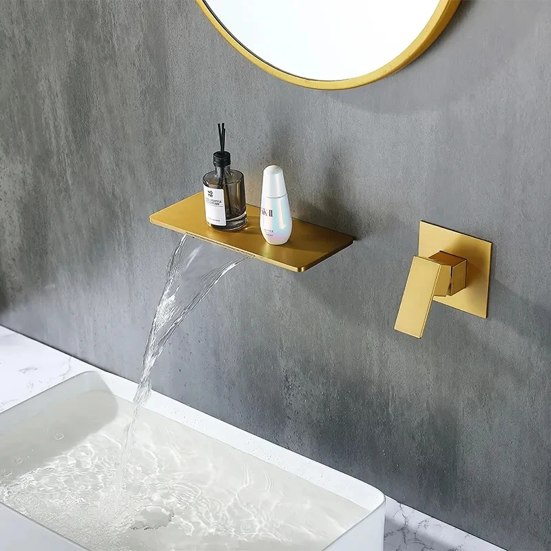 

Luxury Brass Wall Mounted washbasin Tap Waterfall Concealed Gold Hot Cold Basin Faucet High quality lavabo Tap washbowl faucet