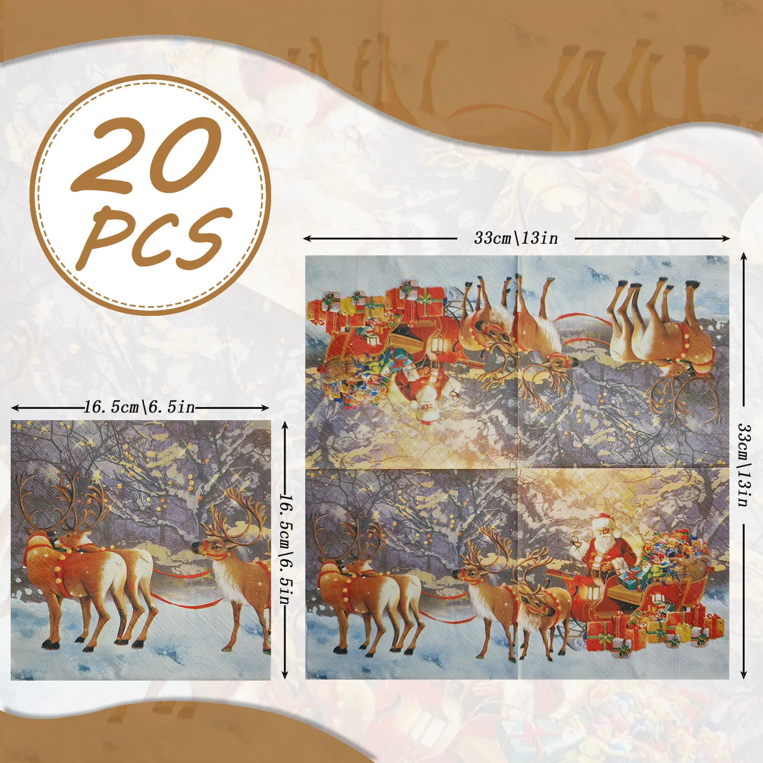 20 szt. Złote Świąteczne Serwetki Papierowe z Motywem Świętego Mikołaja, Reniferów, Sanek i Elfów, Dekoracyjne, Jednorazowe, 3-warstwowe, 33x33cm