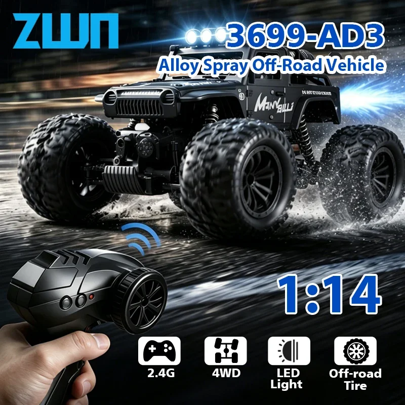 ZWN 1:14 2.4G RC Car With Light 5CH Alloy Spray 4WD Remote Control Crawler 4x4 All-terrain Off-road Climbing Vehicle Toy for Kid