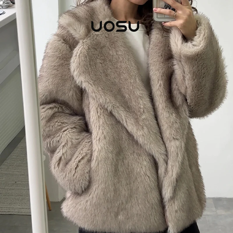 ขนาดใหญ่Lapelขนสัตว์Fluffy Coatผู้หญิงฤดูหนาวWarm Solid Faux Fur Jacketยาวแบรนด์หรูหลวมParty Outwearเสื้อผ้าแฟชั่น