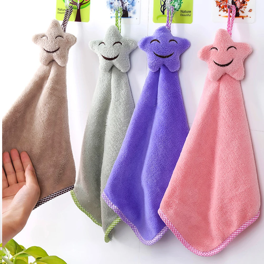 

5pcs Lovely Small Square Hanging Hand Towel Coral Fleece Premium Absorbent Eco-Friendly Bright Color Beige For Bathroom