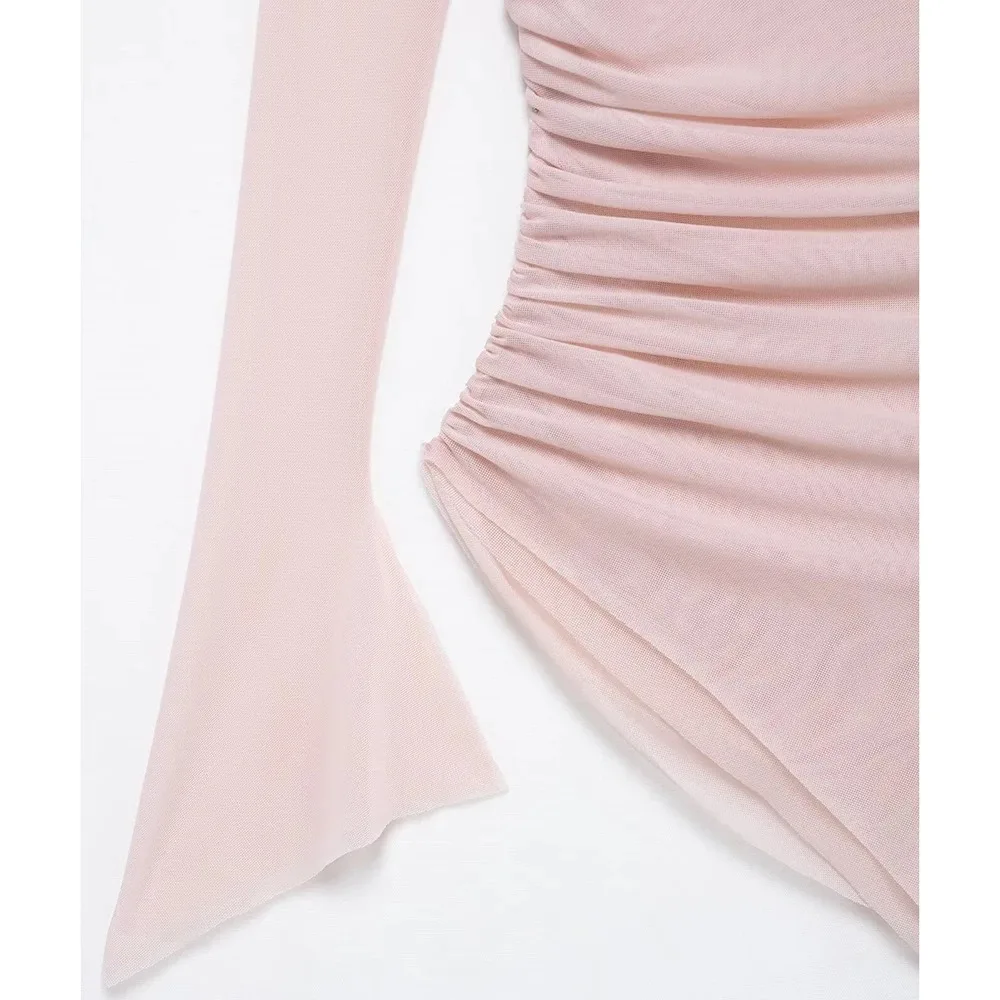 Nuovo Top asimmetrico in maglia di seta da donna Casual collo a barchetta senza spalline Slim Knit Manica lunga 2025 Primavera Estate Tulle Plissettato Top