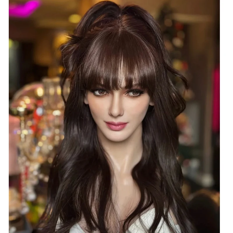 

Черный парик из натуральных человеческих волос с полной кружевной основой, волнистый, темно-нейтрально-коричневый, с натуральной линией роста волос, осветленными узелками, высокий хвост, 13x4 кружевной парик