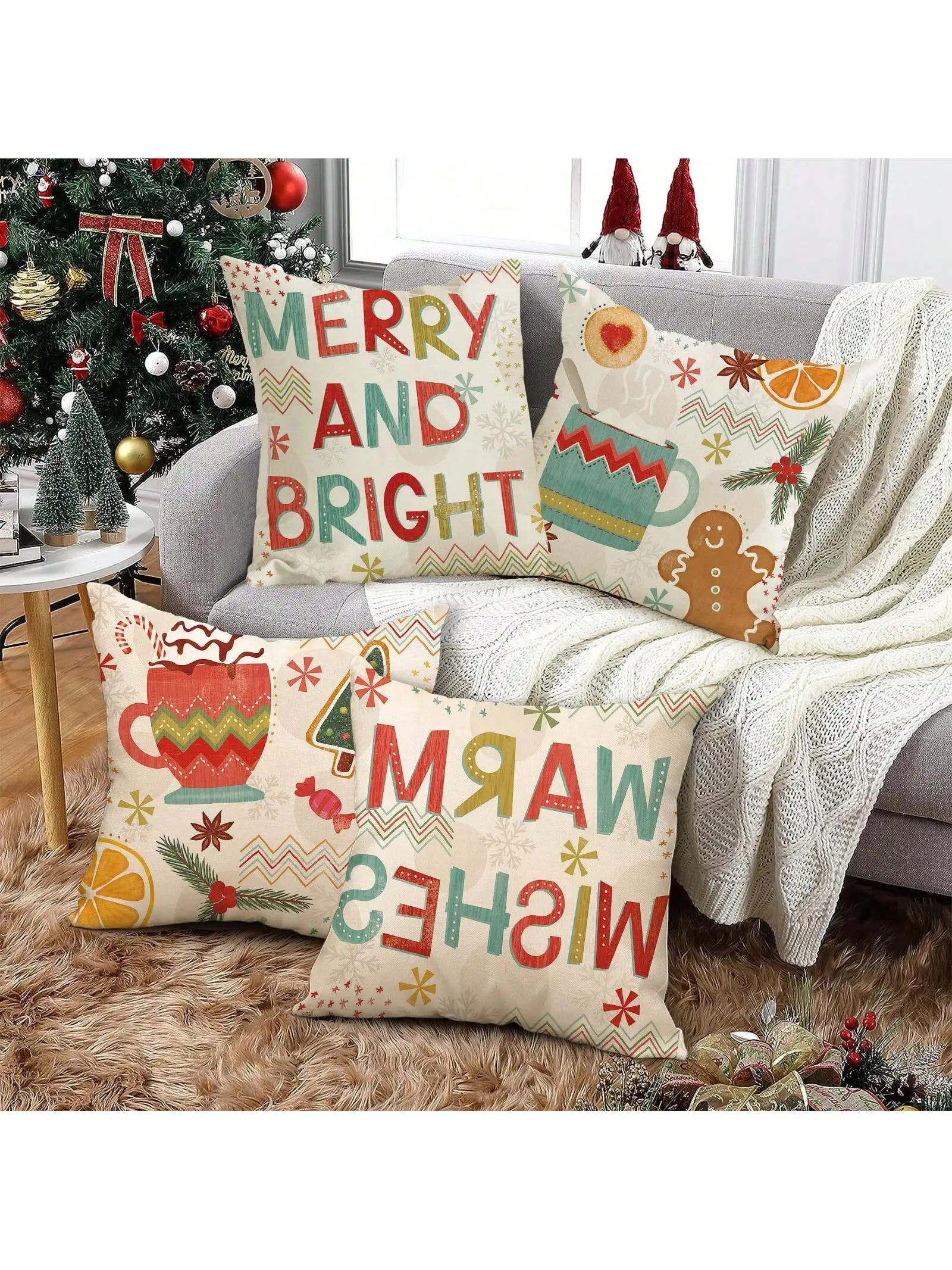 Christmas Snowflake, Christmas Tree, Candy Cane, Snowman Pattern Linen Throw Pillow Covers, 45x45cm, Room Decor