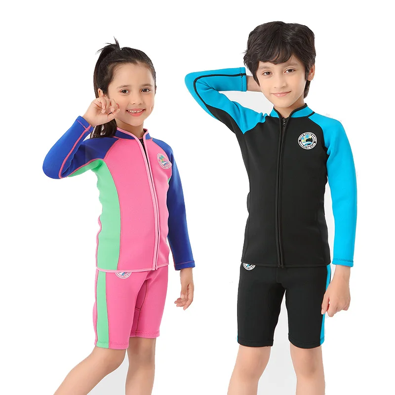 Children's 2MM Neoprene Swimsuit Split Two Piece Wetsuit Long-Sleeve Thickened Sunscreen Snorkeling Swimming Surfing Diving Suit