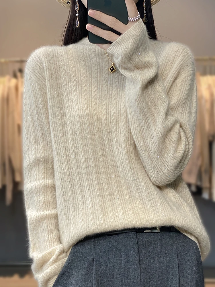 

New Women Cashmere Sweater 100% Merino Wool Knitted Pullover Autumn Winter Mock Neck Twist Flower Knitwear Female Soft Top 2024
