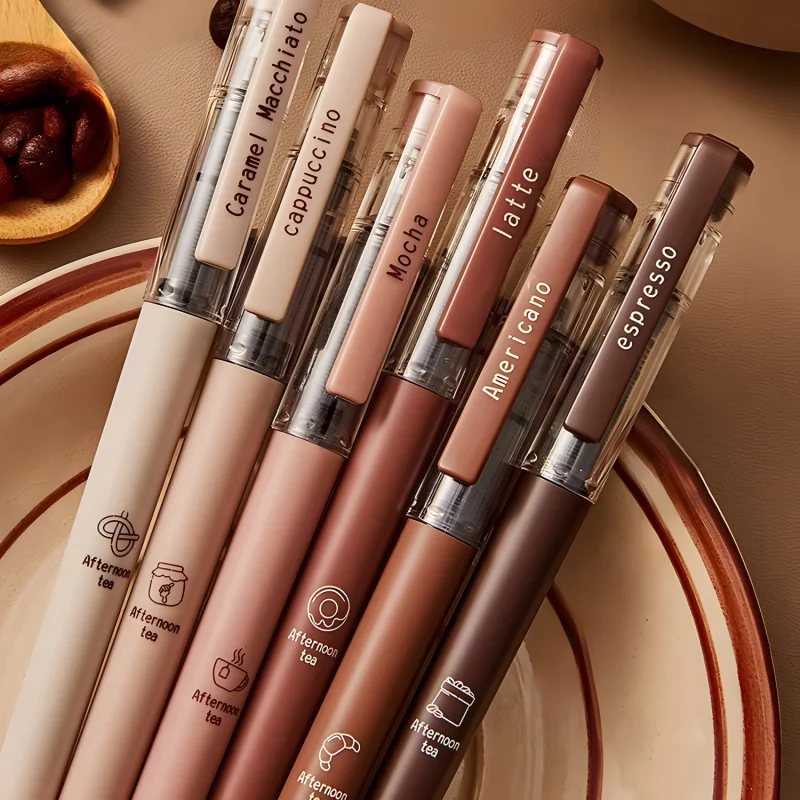6/12 Pieces Cute Coffee Pen, 0.5mm Black Ink Automatic Ink Control, Rubber Finish Smooth Writing Pens, Gifts for Women, Students