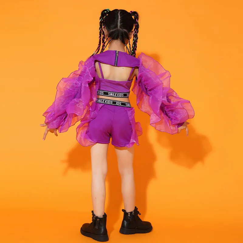 Kids Hip Hop Dance Clothes Concert Stage Performance Wear Girls Jazz Dance Costume Purple Fluffy Sleeves Suit