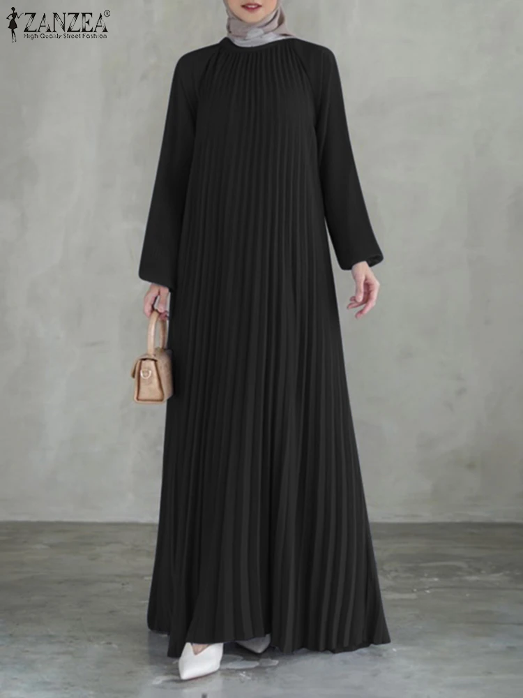 

Модное женское осеннее мусульманское платье с длинным рукавом-фонариком Абая ZANZEA, элегантные плиссированные платья, исламский халат макси, Дубай, хиджаб, Vestido