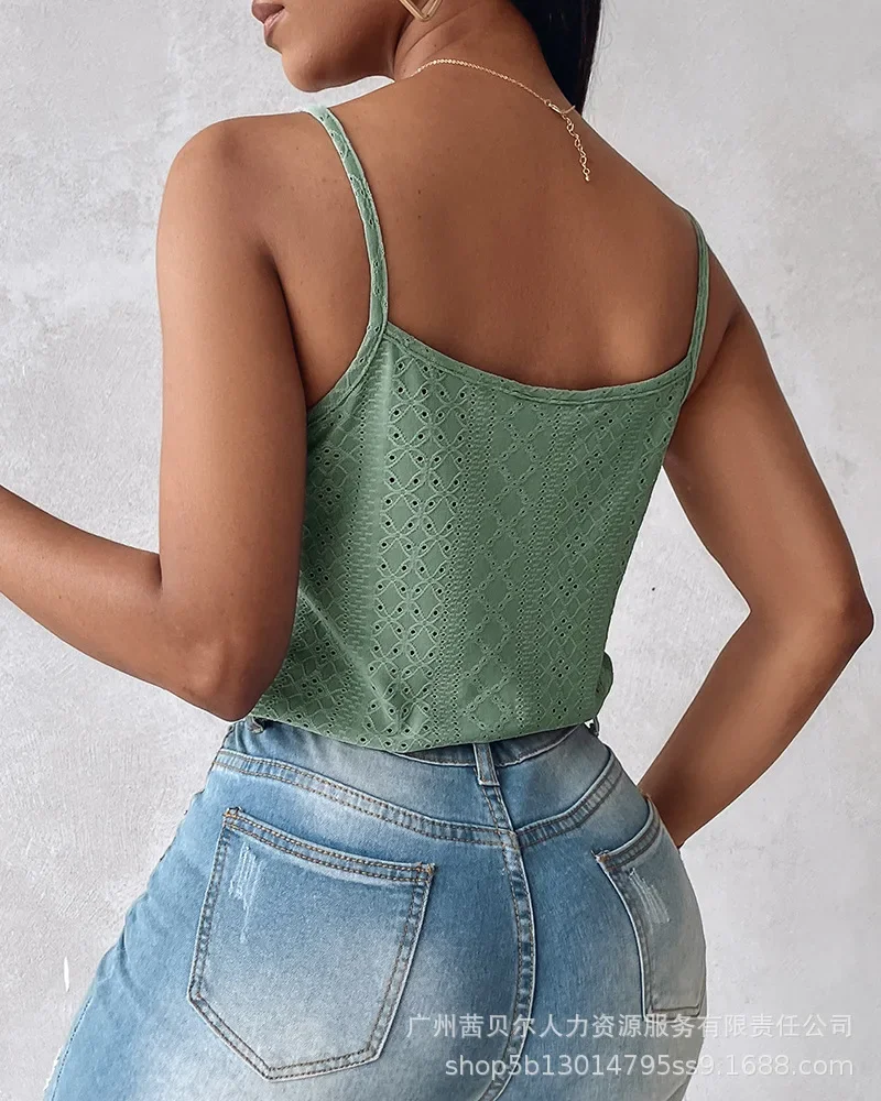 Chain Decor Eyelet Embroidery Lace Patch Tank Top Women V Neck Sleeveless New Spring Summer Camis Tanks Tops Sexy