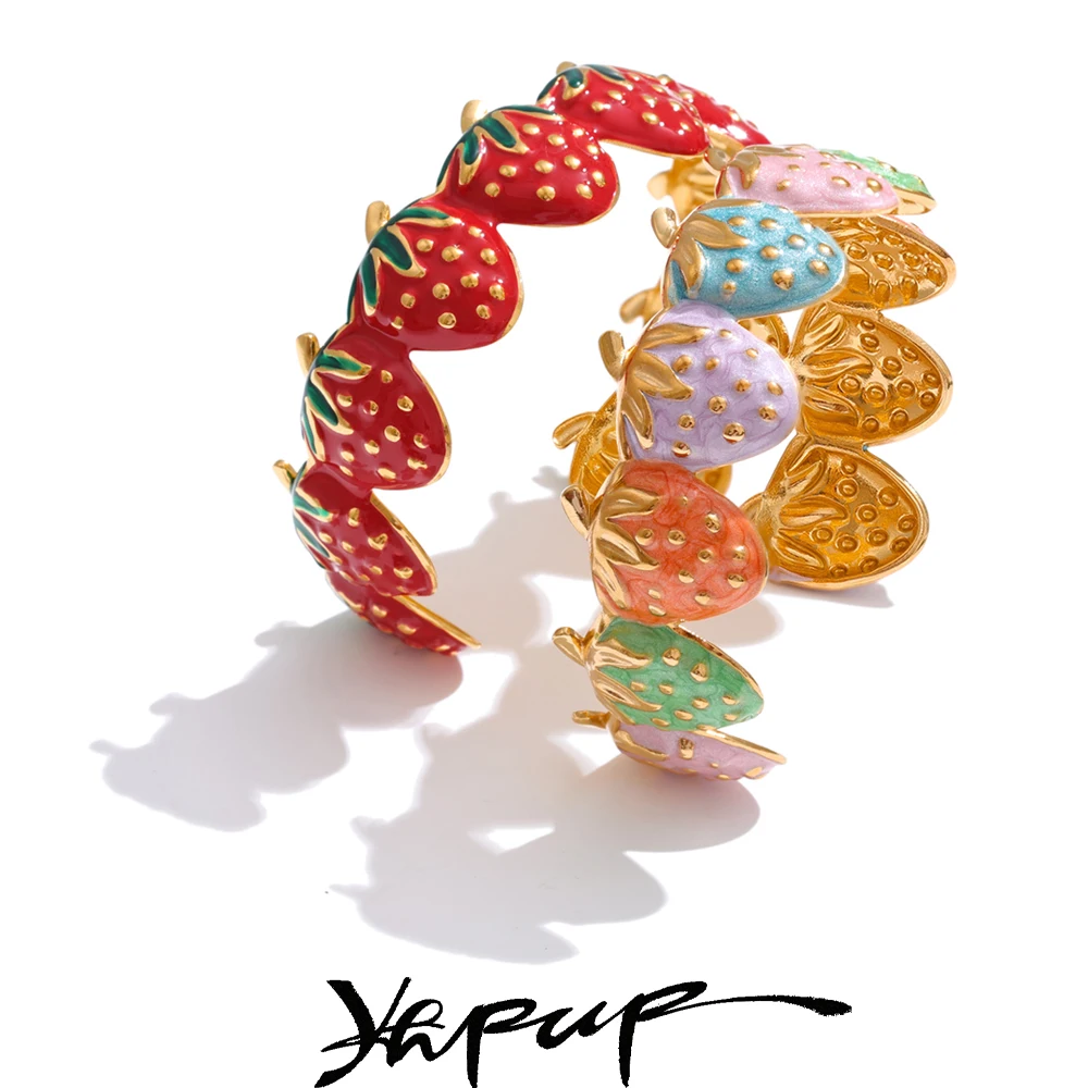 Yhpup Red & Colorful Enamel Strawberry Sweet Open Cuff Bracelet Bangle Hot Style Stainless Steel Golden Wrist Fruit Jewelry
