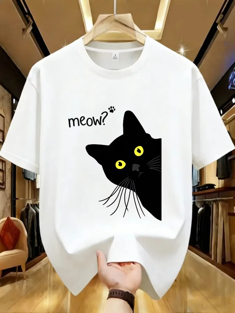 Men's T-shirt 100% Cotton Summer Meow Black Cat Print Men T Shirt Casual Loose O-neck Men Tshirt Short Sleeve T-shirt Male Tees