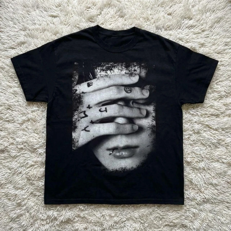 Black Crew Neck T-shirt with Black and White Distressed Pattern, Street Style, Decadent Aesthetics, Men's T-shirt