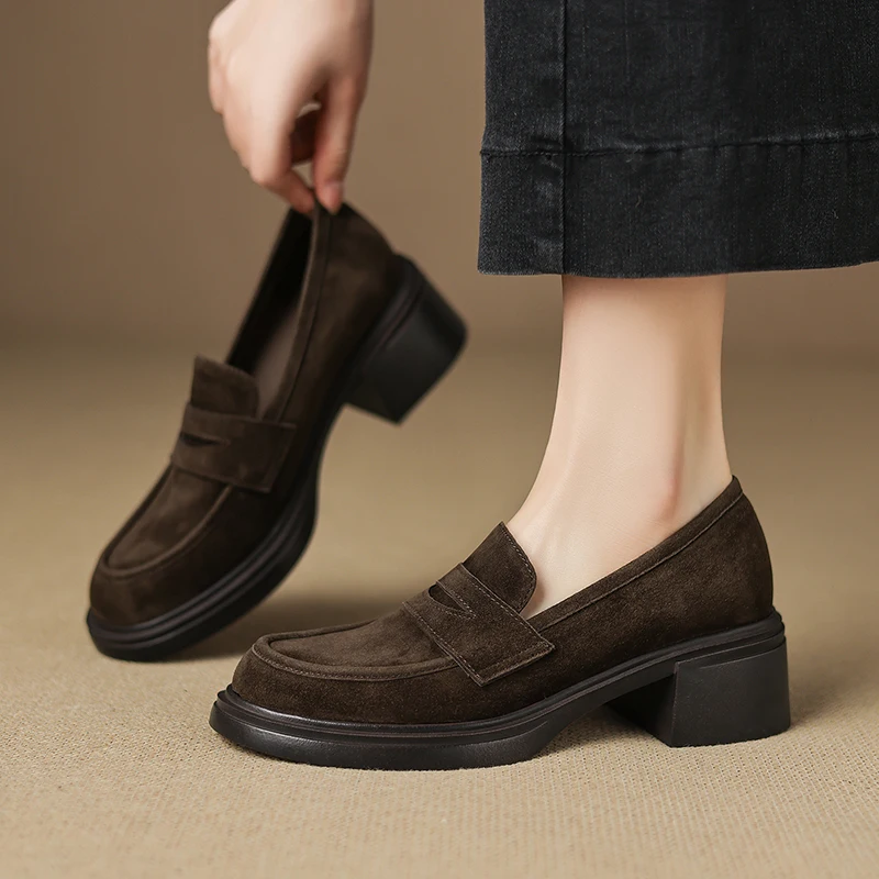 2026 new spring summer women pumps natural leather 22-25cm kid suede+sheepskin+pigskin round toe metal thick heel women shoes