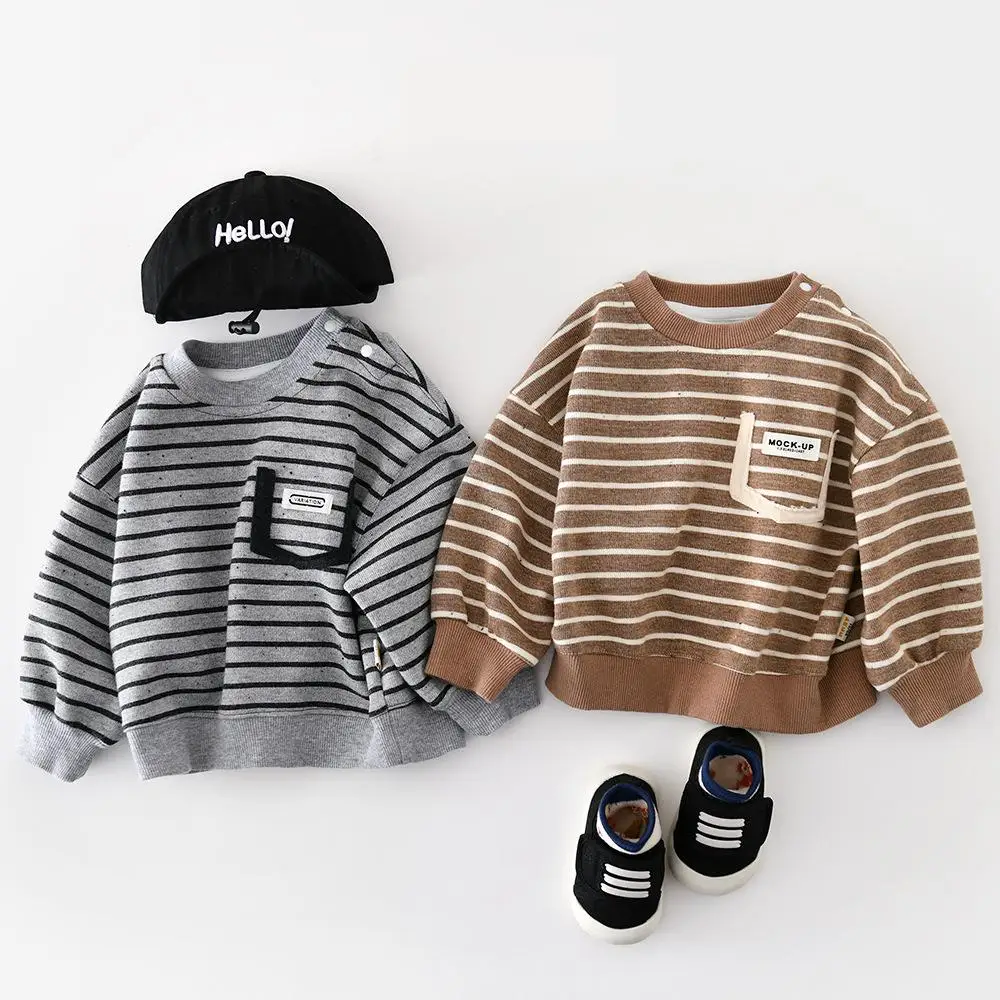 2026 ربيع جديد طفل طويل الأكمام مخطط البلوز الفتيان الفتيات بلوزة كاجوال الرضع القطن فضفاض القمم ملابس الأطفال