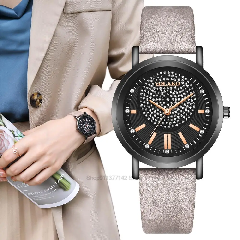 Luxury Women\'s Fashion Exquisite Watches Ladies Full Star With Diamonds Design Wristwatches Vintage Leather Female Dress Watch