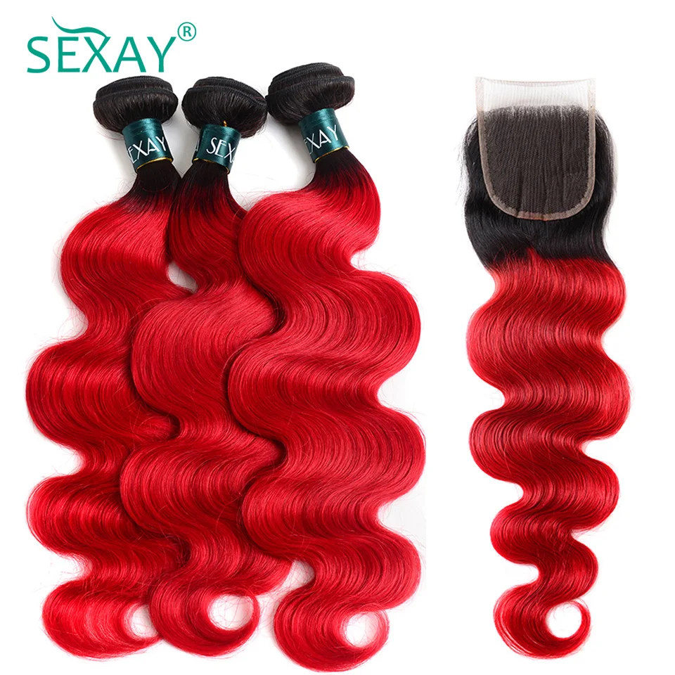 Tissage en lot péruvien naturel Body Wave ombré rouge 1B, 4x4, avec lace closure transparente, avec baby hair, lots de 3