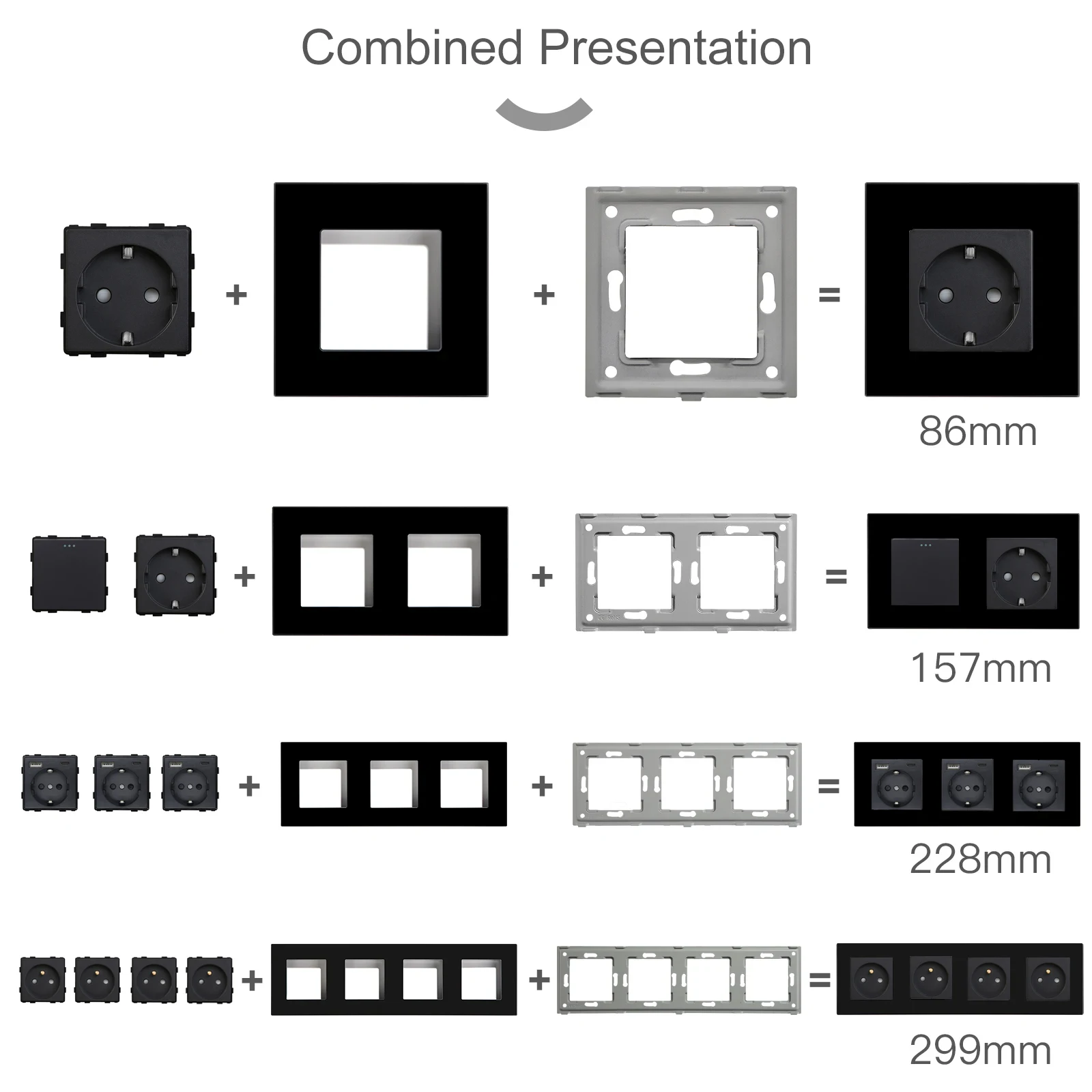 BSEED Wall Light Switch Panel 1/2/3Gang 1/2Way Mechanical Button Switch Part Power Socket Dimmer Switch DIY Function Part Black