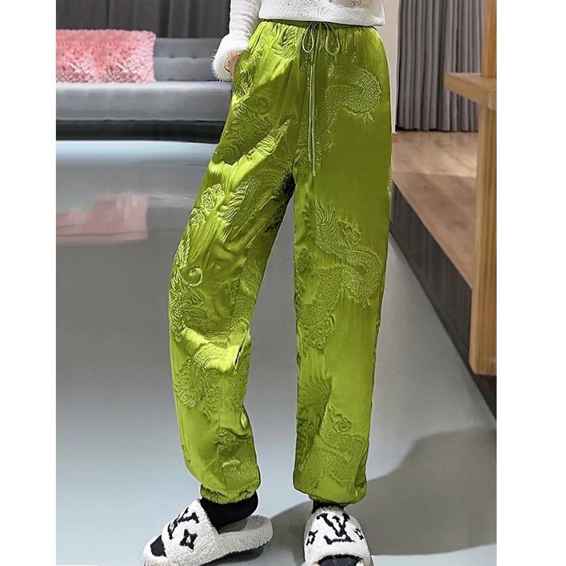 

2023 High Quality Winter New Fashionable Warm Cotton Pants Elastic Waist + Lace Up Chinese Style Embroidered Pants Women S-XXL