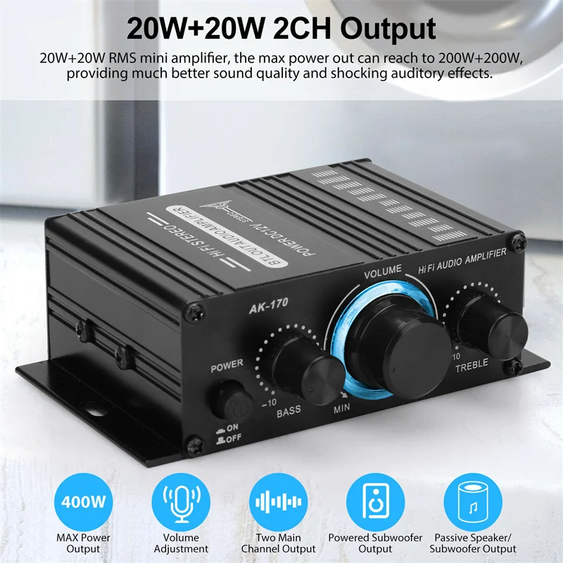 

AK170 HIFI Digital Stereo Audio Power Amplifier 2 Channel 400W 12V FM Radio Mic Car Mini Sound Amplificador Board Home Theater