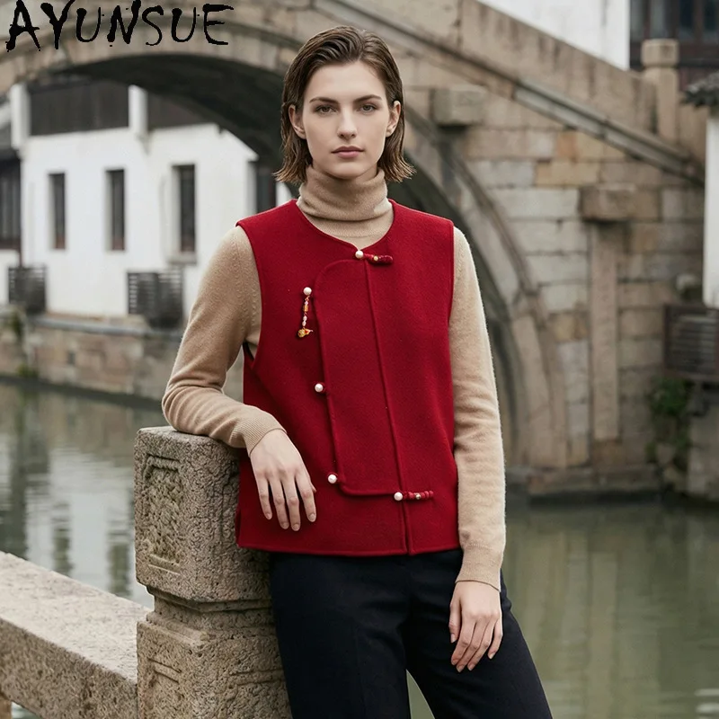 AYUNSUE Women's 100% Wool Vest Chinese Style Double-sided Wool Waistcoat Sleeveless Red Tops for Woman Clothes Жилетка Женская