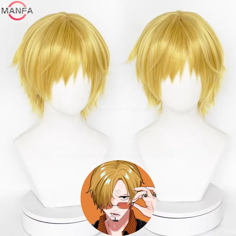 أنيمي قطعة واحدة شعر مستعار تأثيري سانجي شعر مستعار قصير مستقيم الذهبي الأصفر مقاومة للحرارة الاصطناعية الشعر أنيمي الباروكات + غطاء شعر مستعار #1