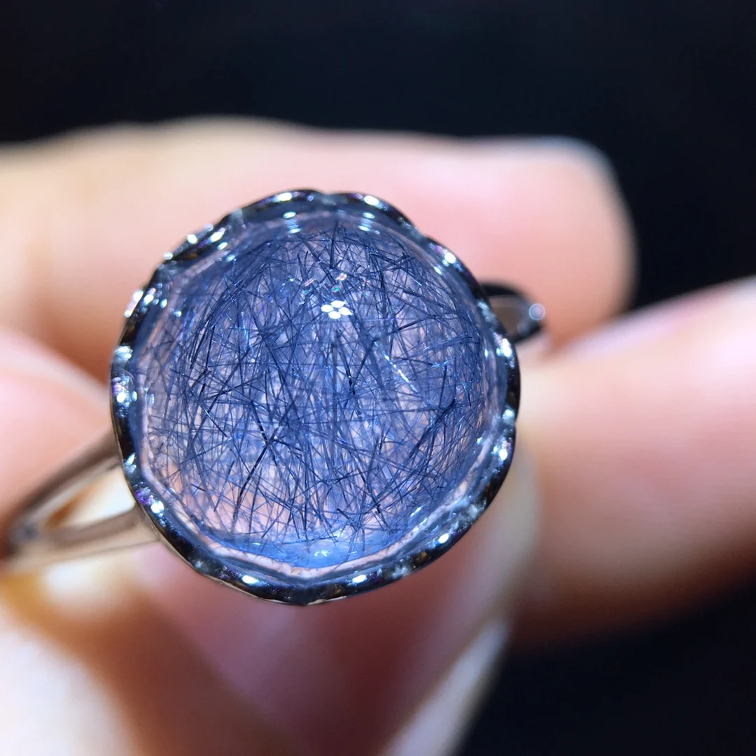 

Natural Blue Rutilated Ring Flower Adjustable 11.7/11.3mm Woman Men Ring Rutilated Quartz Jewelry AAAAAAA
