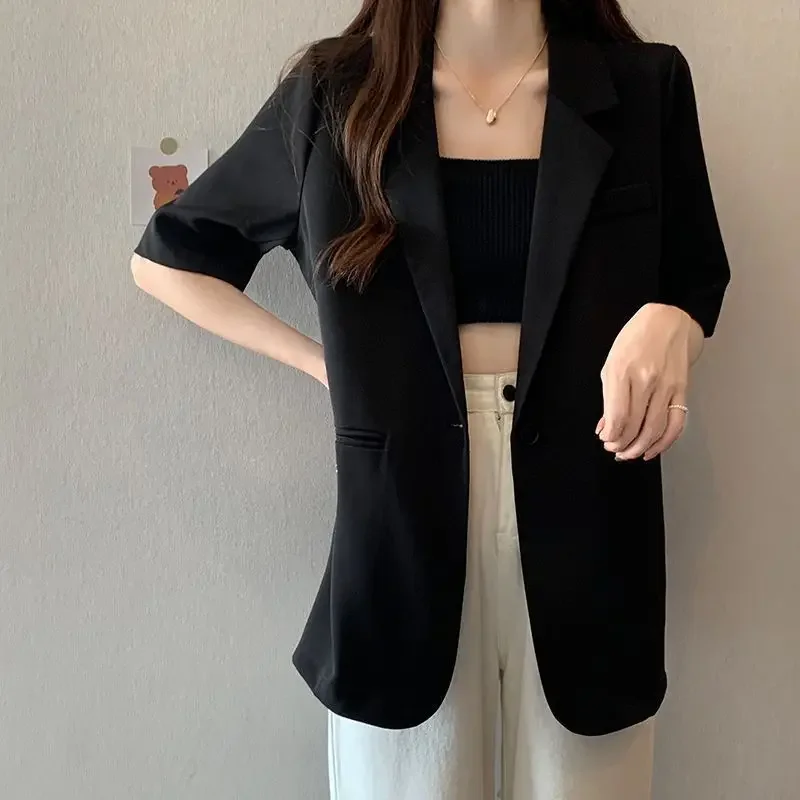 Mangas curtas Blazer Mulheres Verão Jaqueta Preto Branco Terno Coreano Moda Fina Top Casual Sólidos Jaqueta Nova