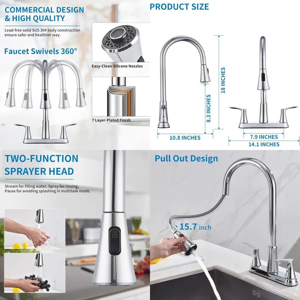

3-Hole Pull-Down Sprayer Kitchen Faucet with 8 Rotating Spout, Chrome Finish