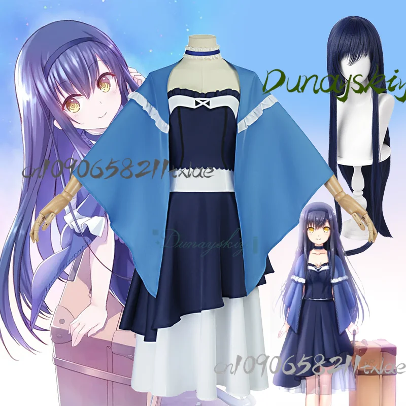 

Аниме Kushima Kamome, летний карнавальный костюм с карманами, шаль, парик, темно-синее платье для женщин и девочек, карнавальный костюм на Хэллоуин