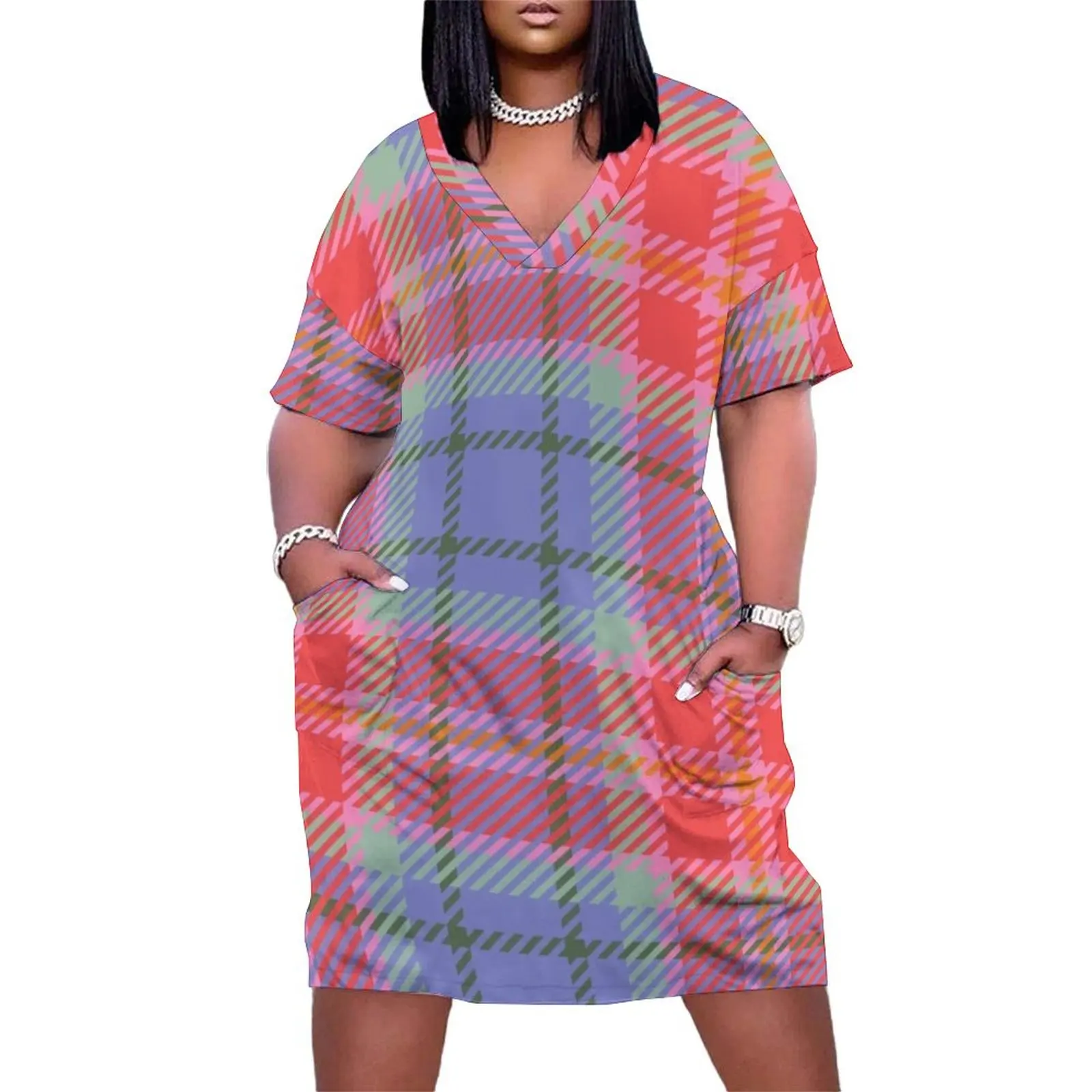 Vintage 70'S plaid light purple coral olive lightgreen background Loose Pocket Dress summer clothes Prom gown