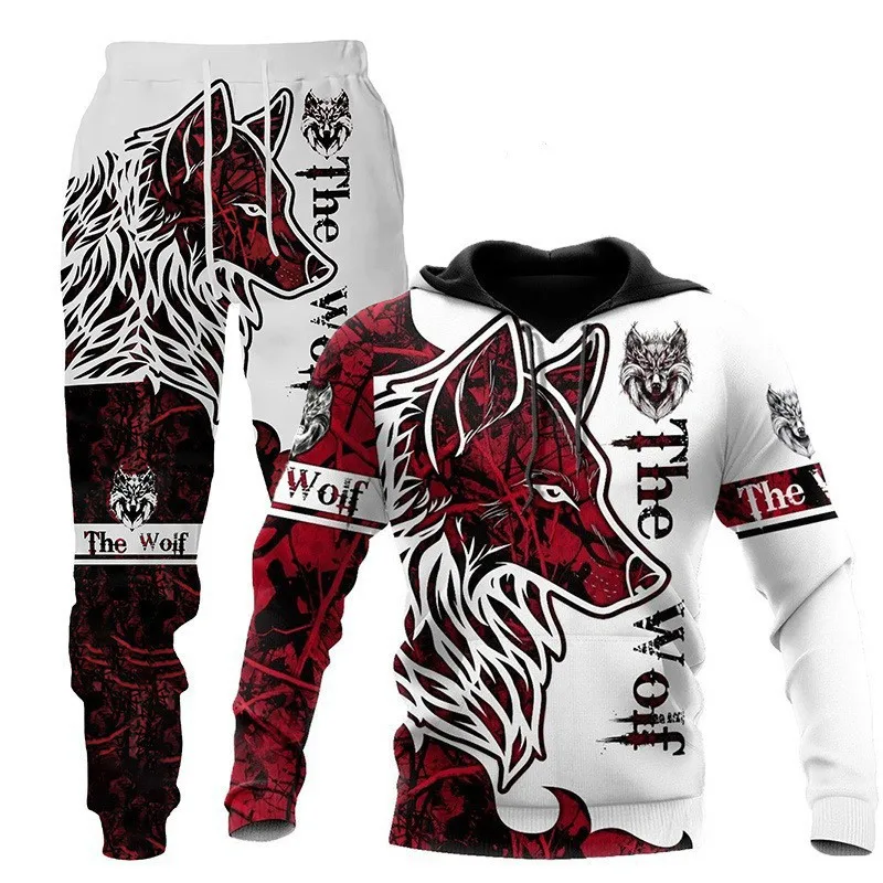 

Wolf-Printed Hoodie and Joggers Mans Two Piece Set, Trendy 3D Design Tracksuit, Oversize Men's Sets