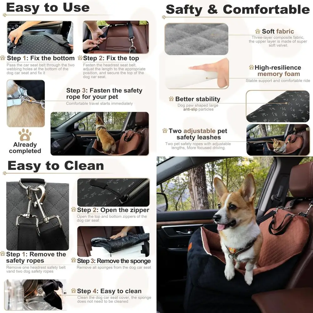 

Pet Car Booster Seat for Small Dogs up to 35 lbs, 7 Interior Height, 2 Safety Leashes, Storage Pockets, Easy Install