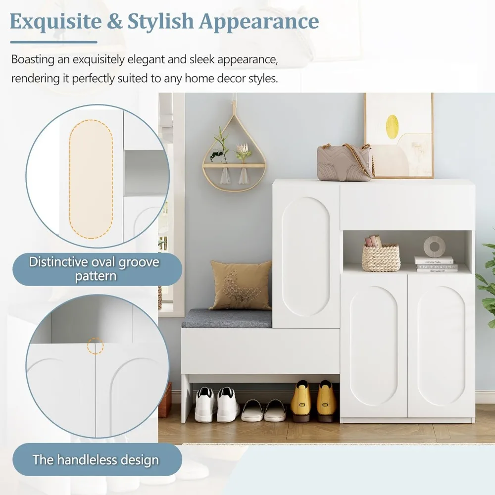 „Schuhaufbewahrungsbank mit Kissen, verstellbaren Regalen, gewölbten Türen, Rückprallscharnieren, Anti-Kipp-Funktion, 51“ für Flur und Wohnen