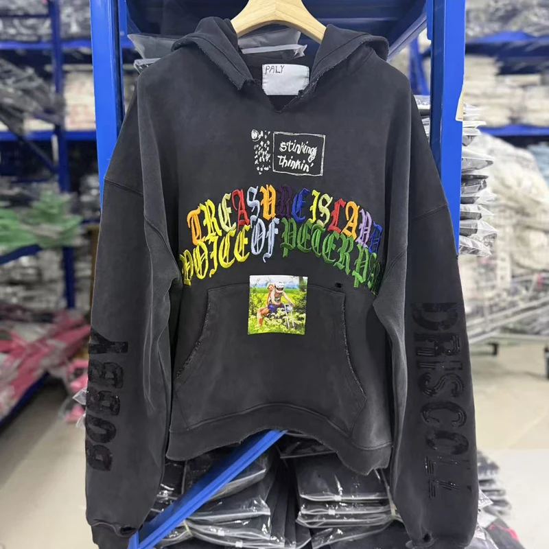 Tear Collar Chest Embroidery Colorful Label Paly Hoodie Men Women Dropped Shoulder Sweatshirts Washed Fade Loose Pullovers