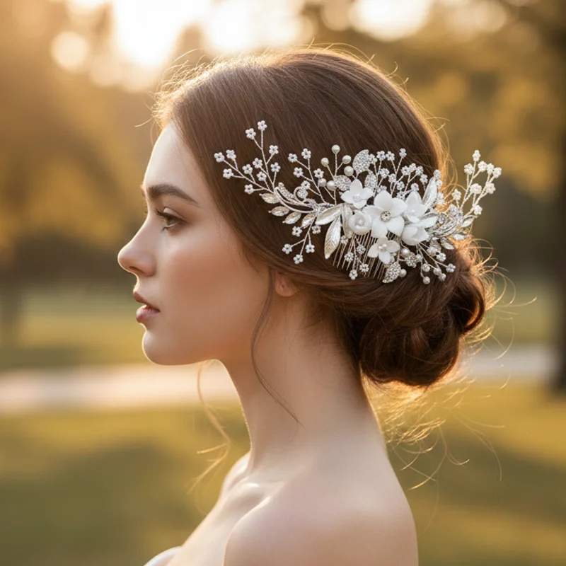Fashion New Rice Beads Beaded Hair Comb Korean Handmade Ceramic Flower Comb Bridal Wedding Accessories Headdress