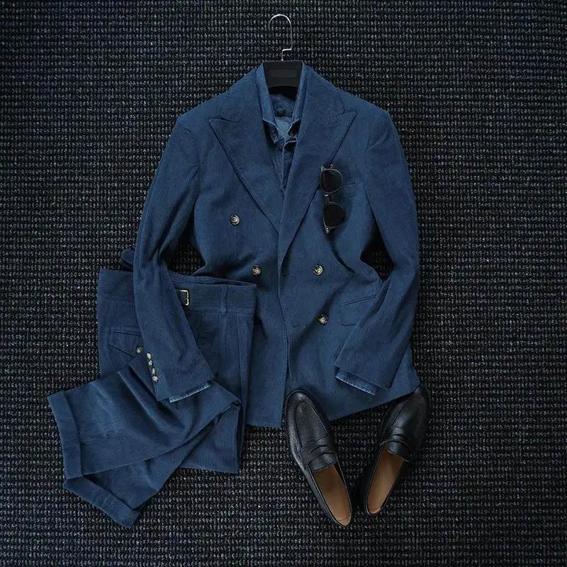 

Мужской винтажный двубортный пиджак из вельвета для делового повседневного стиля