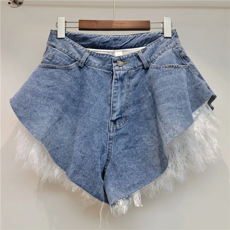 2026 Summer New Lace Splicing Denim Shorts Women Korean Fashion Retro High Waist Wide Leg Shorts Spicy Girls A-Line Shorts