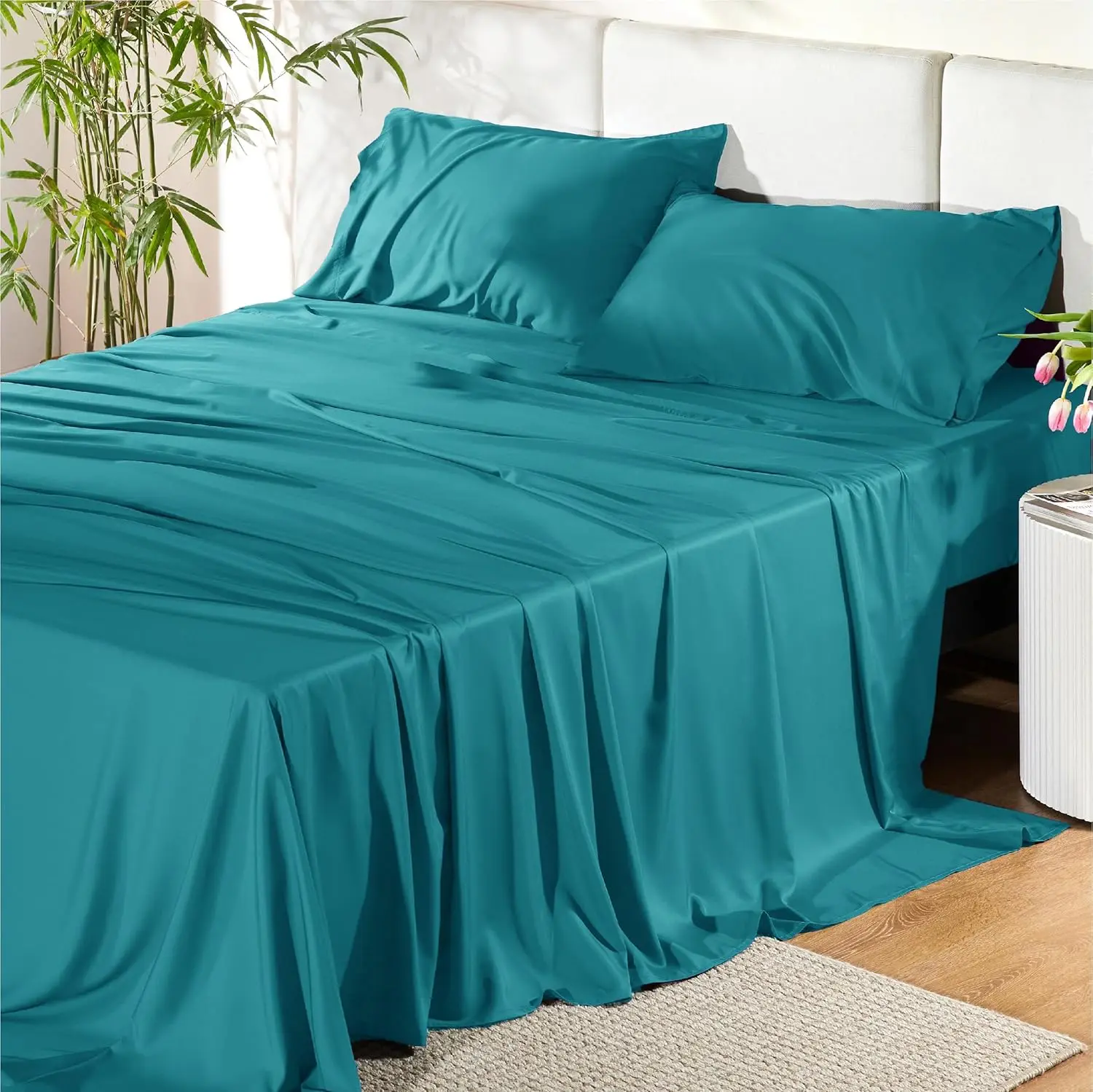 King Size Sheets Set, , Similar to Silk Bed Sheets Set 4 Pieces with 1 Deep Pocket Fitted Sheet, 1 Flat Sheet, and 2 Pillowcases