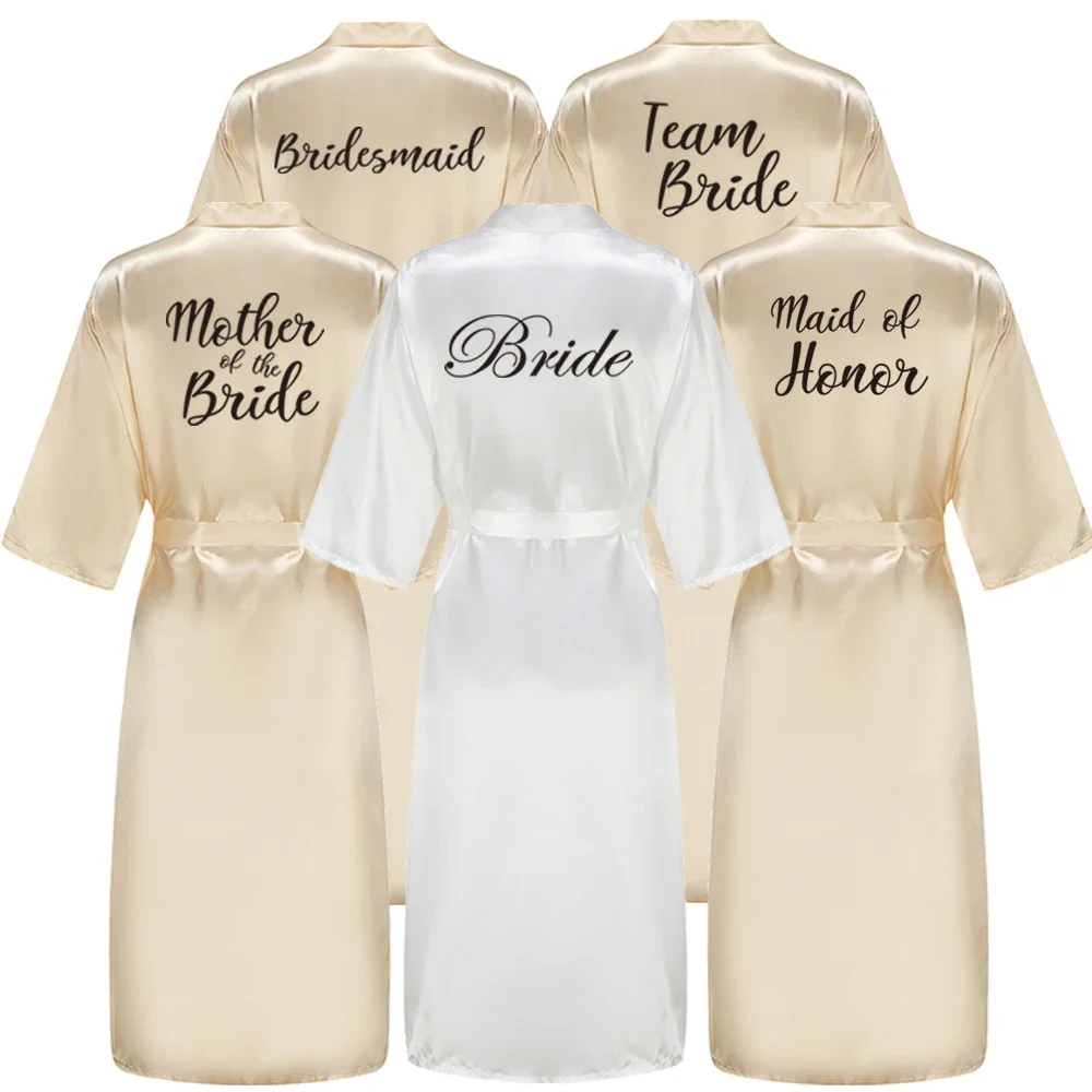 

New Bridesmaid Robe With Black Letters Mother Sister of The Bride Wedding Gift Long Bathrobe Satin Kimono