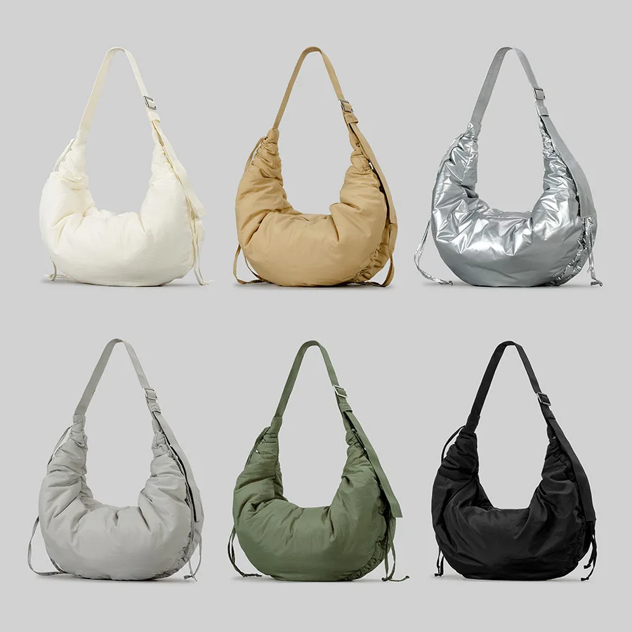 Bolsas de Ombro Meia Lua Ruched para Mulher Hobos de Nylon, Bolsa Crossbody, Casual, Grande Capacidade, Bolsas, Estilista de Moda, 2024