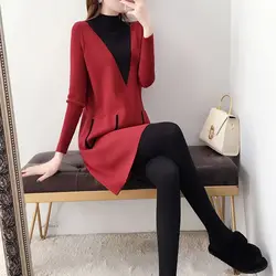 Elegant Stand Collar Spliced Pockets Korean Mini Dress Women's Clothing 2023 Autumn Loose Knitted All-match Ladies Dresses