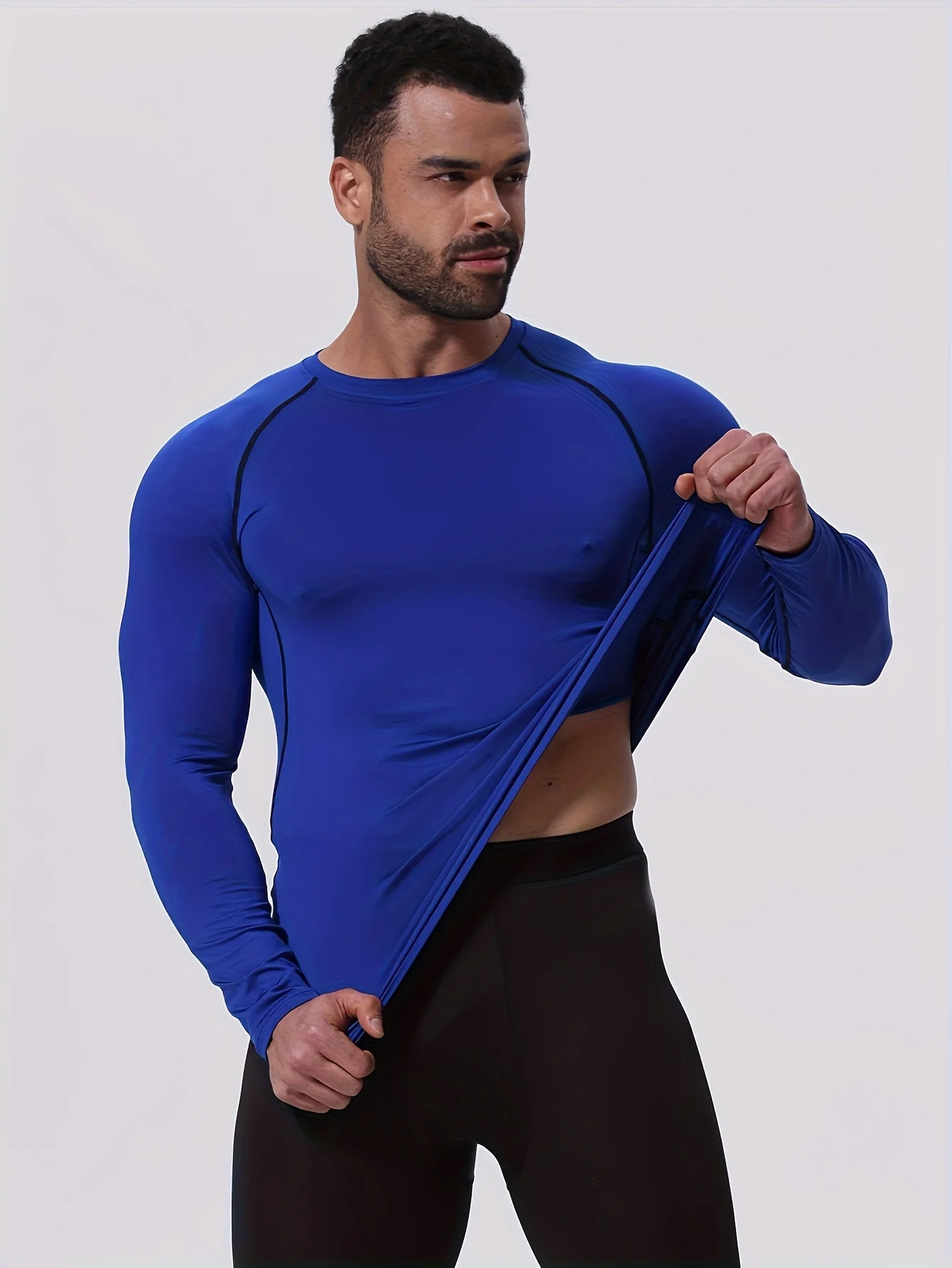

Men's soft and tight sport long sleeve T-shirt, round neck knit jumper with shoulder sleeves