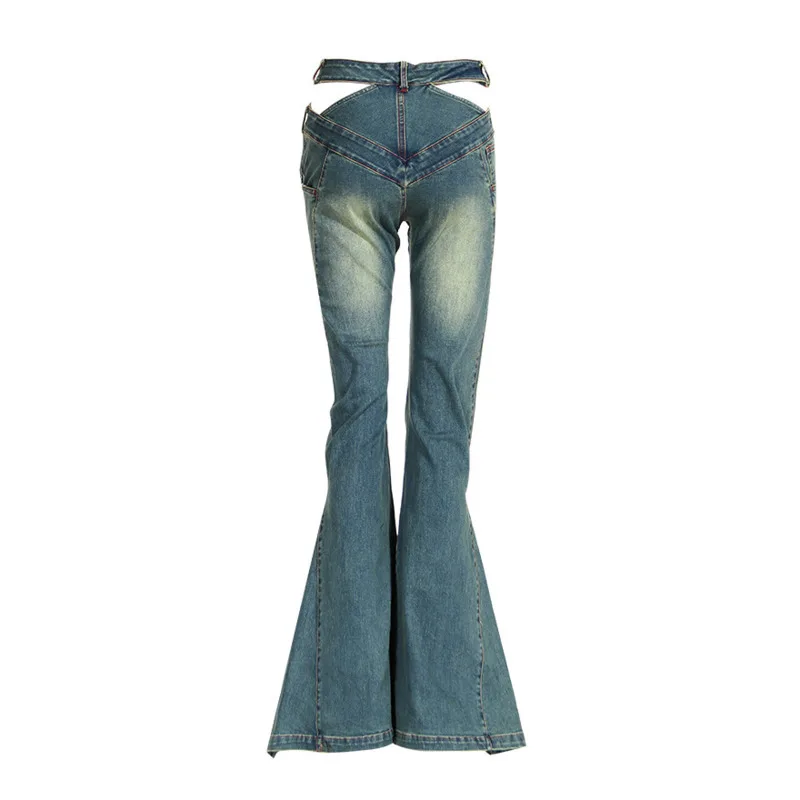 ANJY Herfst Nieuwe Vrouwen Chic Flared Jeans Slim Fit Hollow Out Geplooide Hoge Taille Streetwear Trendy Verontruste Denim Broek A10069
