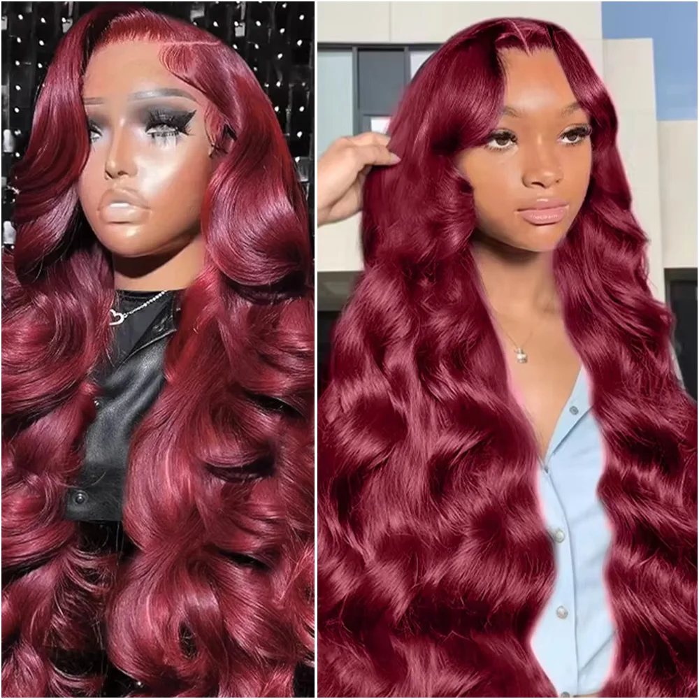 99J Burgundy 13x6 HD Lace Front Wig Human Hair 200% Density Red Colored Body Wave 40 Inch Preplucked Brazilian Lace Frontal Wigs