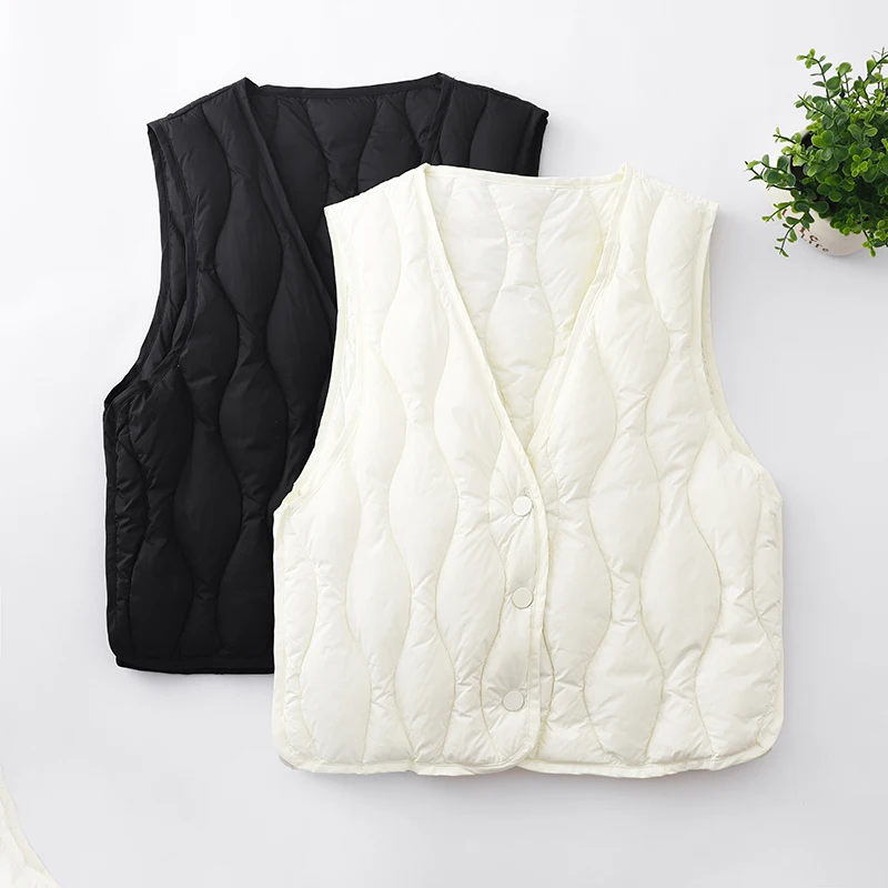 

Lightweight New Sle down Jaet V-Ne Base Layer Warm Vest Pure Color Inner Core Outerwear Women's Faion Autumn Winter