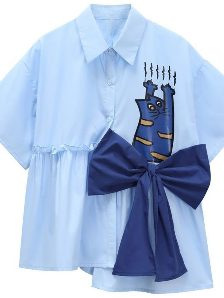 Jmprs 3D โบว์น่ารักเสื้อผู้หญิงหลวมสบายๆออกแบบแมวพิมพ์เสื้อวินเทจเกาหลีฤดูร้อนแขนสั้นหญิงทั้งหมด Retro Top