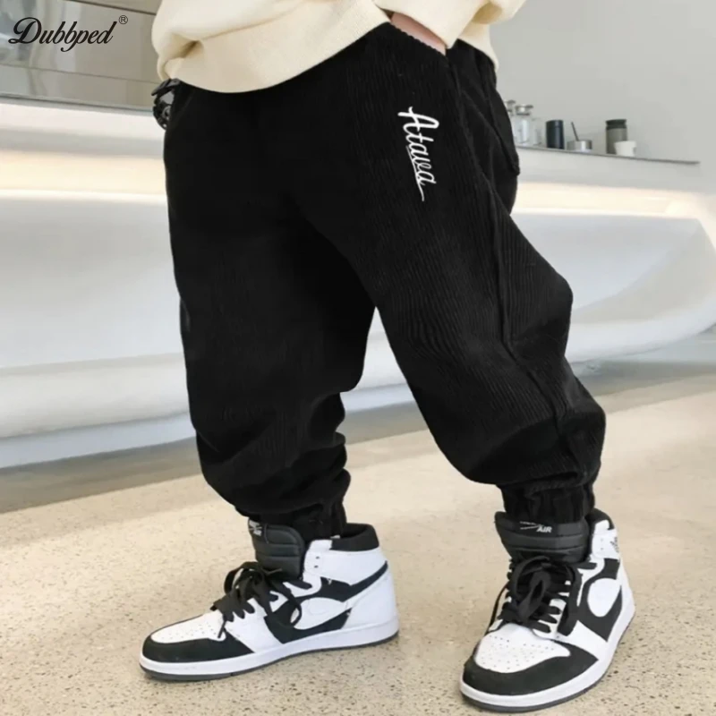 Dubbped Children Trousers Girls Boys  Autumn Winter Fleece Thickening Solid Brown Black Grey Sport Casual Corduroy Pants 5-16 Y