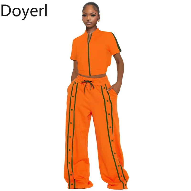 

Doyerl Sports Casual Tracksuits Set Woman 2 Piece Outfits Zip Cropped Jacket Top and Striped Single-breasted Wide Leg Pants Suit