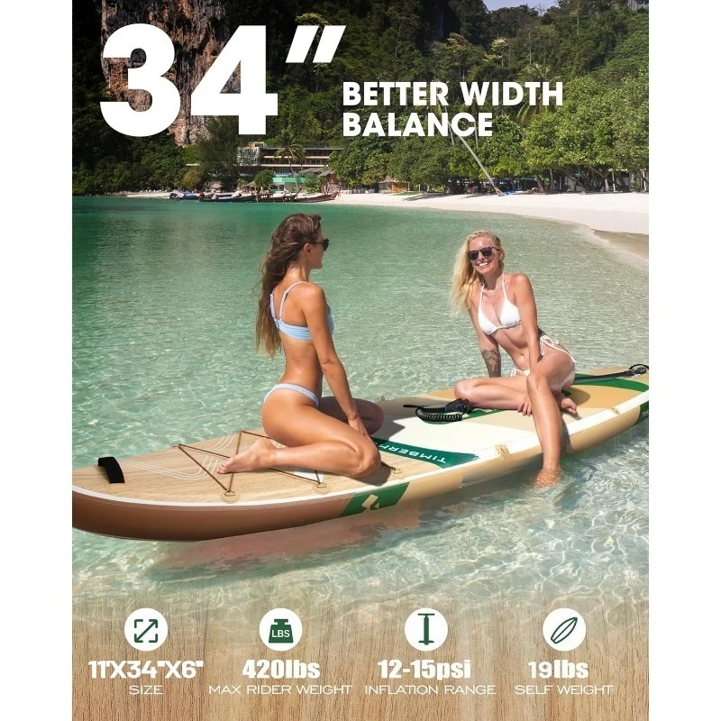 Planche à pagaie gonflable 11'*34"*6", planche à pagaie gonflable pour adultes, avec ailerons détachables, pompe, pagaie flottante,